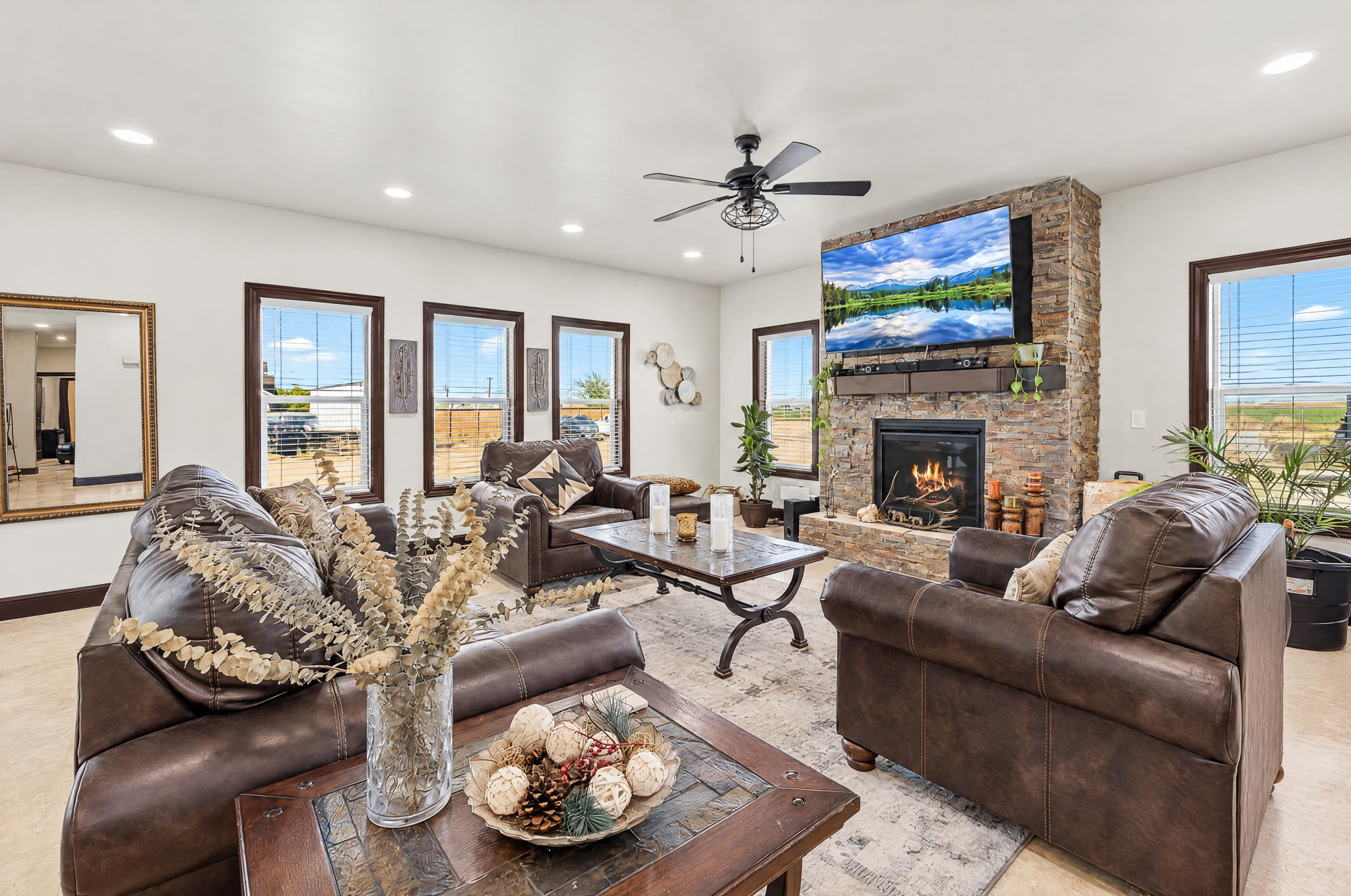 Great Room + Fireplace — custom 2023 ranch home on 4 acres in Platteville, Colorado