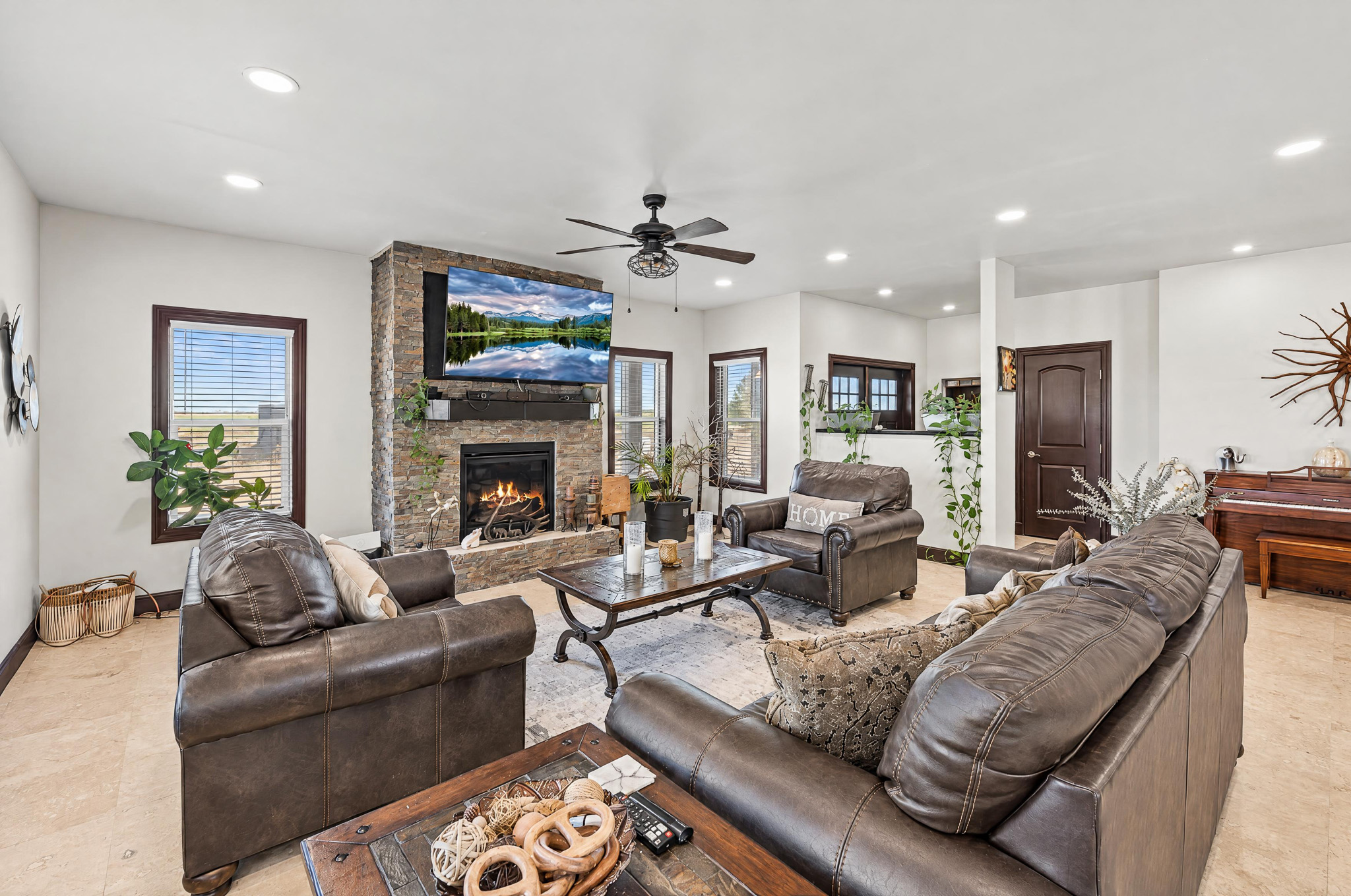 Great Room + Fireplace — custom 2023 ranch home on 4 acres in Platteville, Colorado