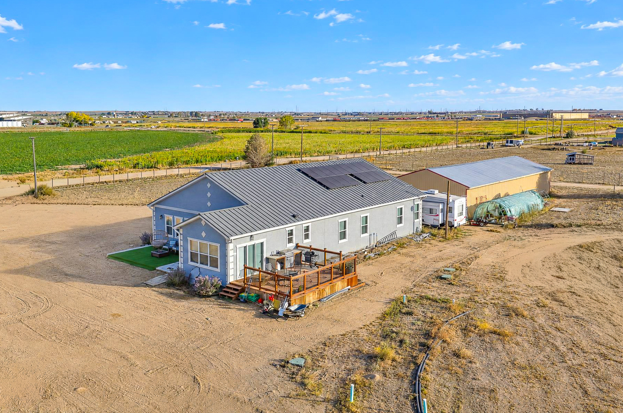 Rear Exterior Aerial — custom 2023 ranch home on 4 acres in Platteville, Colorado