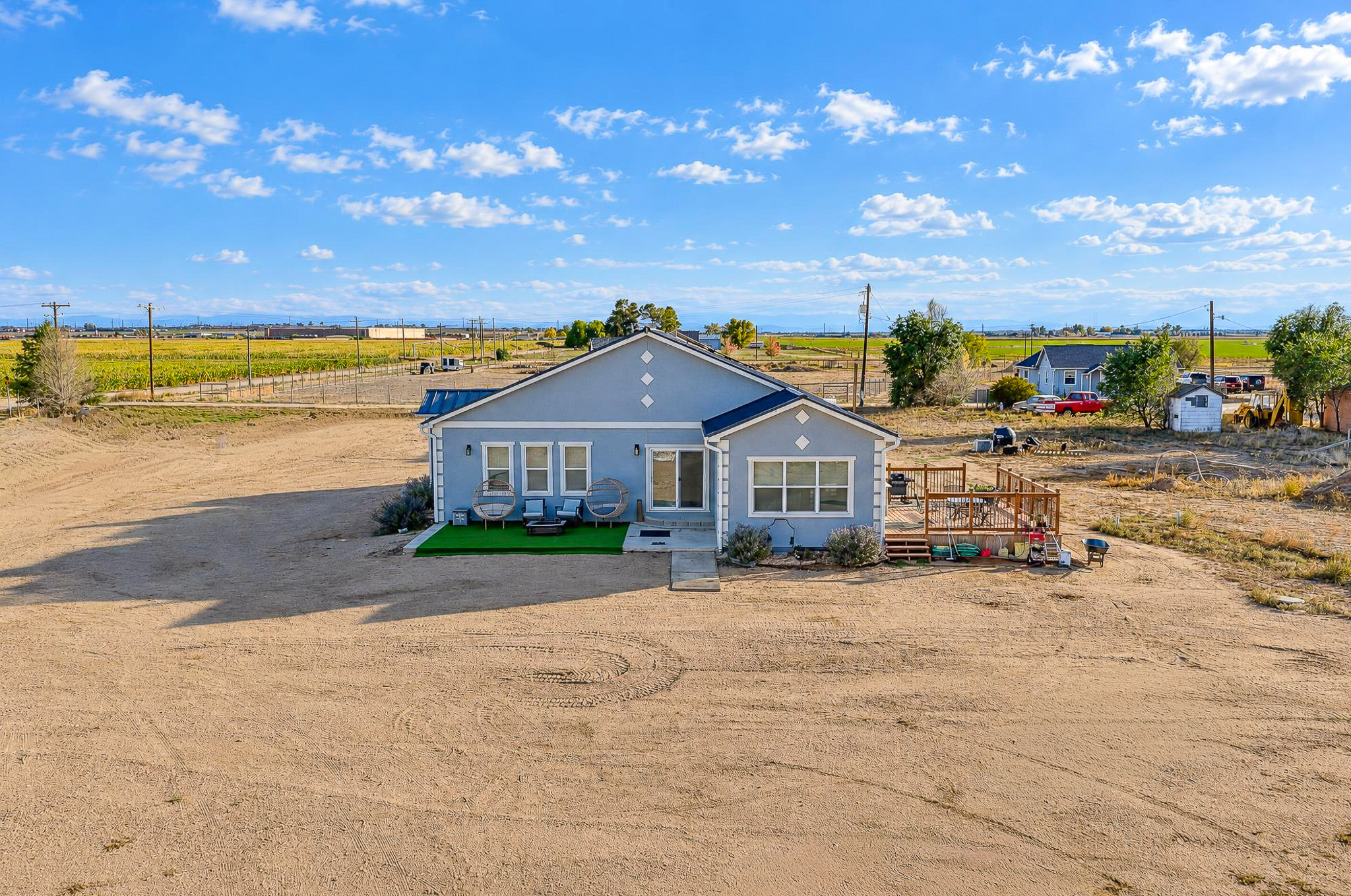 Front Exterior Aerial — custom 2023 ranch home on 4 acres in Platteville, Colorado